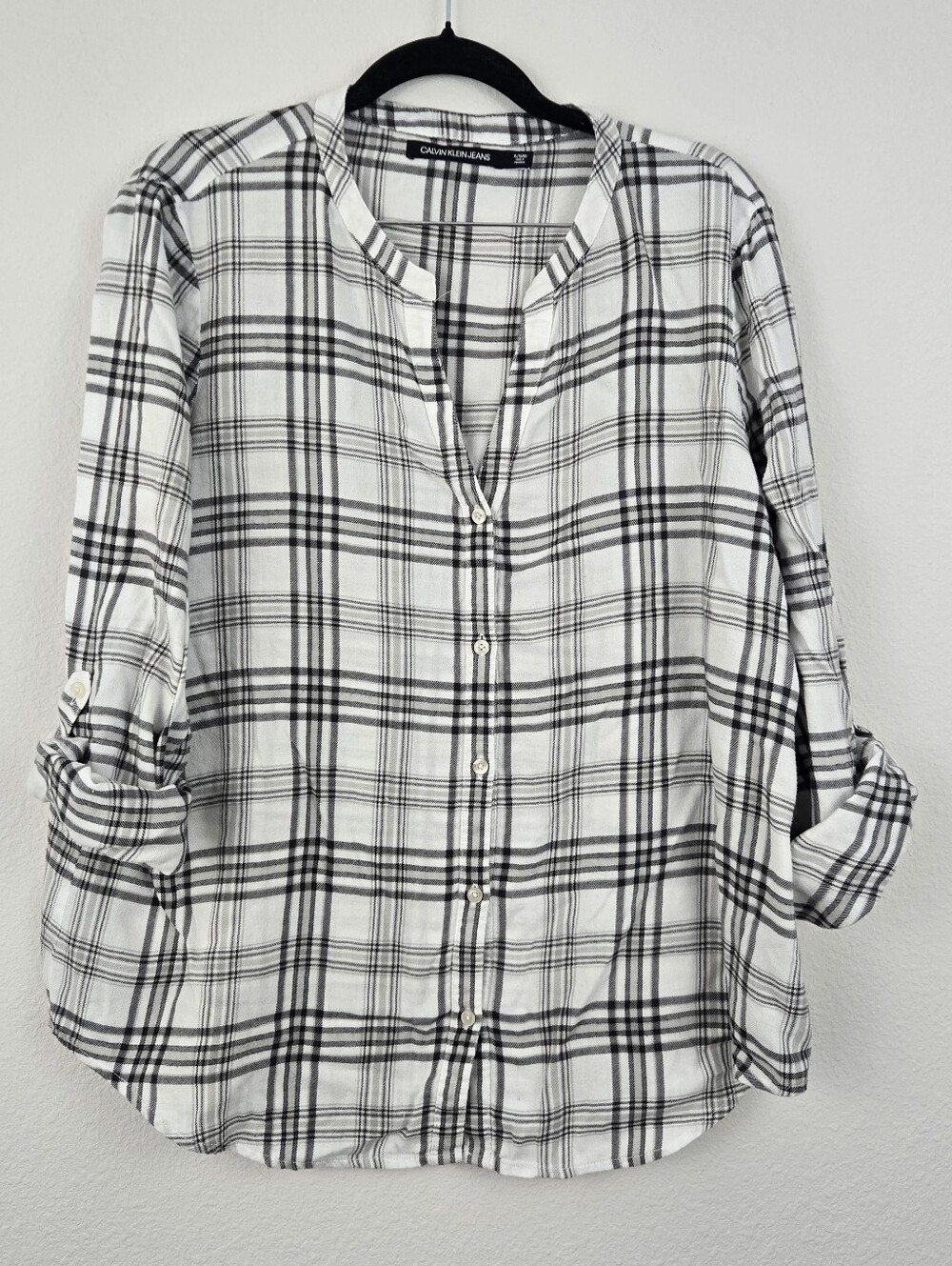 Calvin Klein Plaid Button Down Rolled Sleeves Blouse
